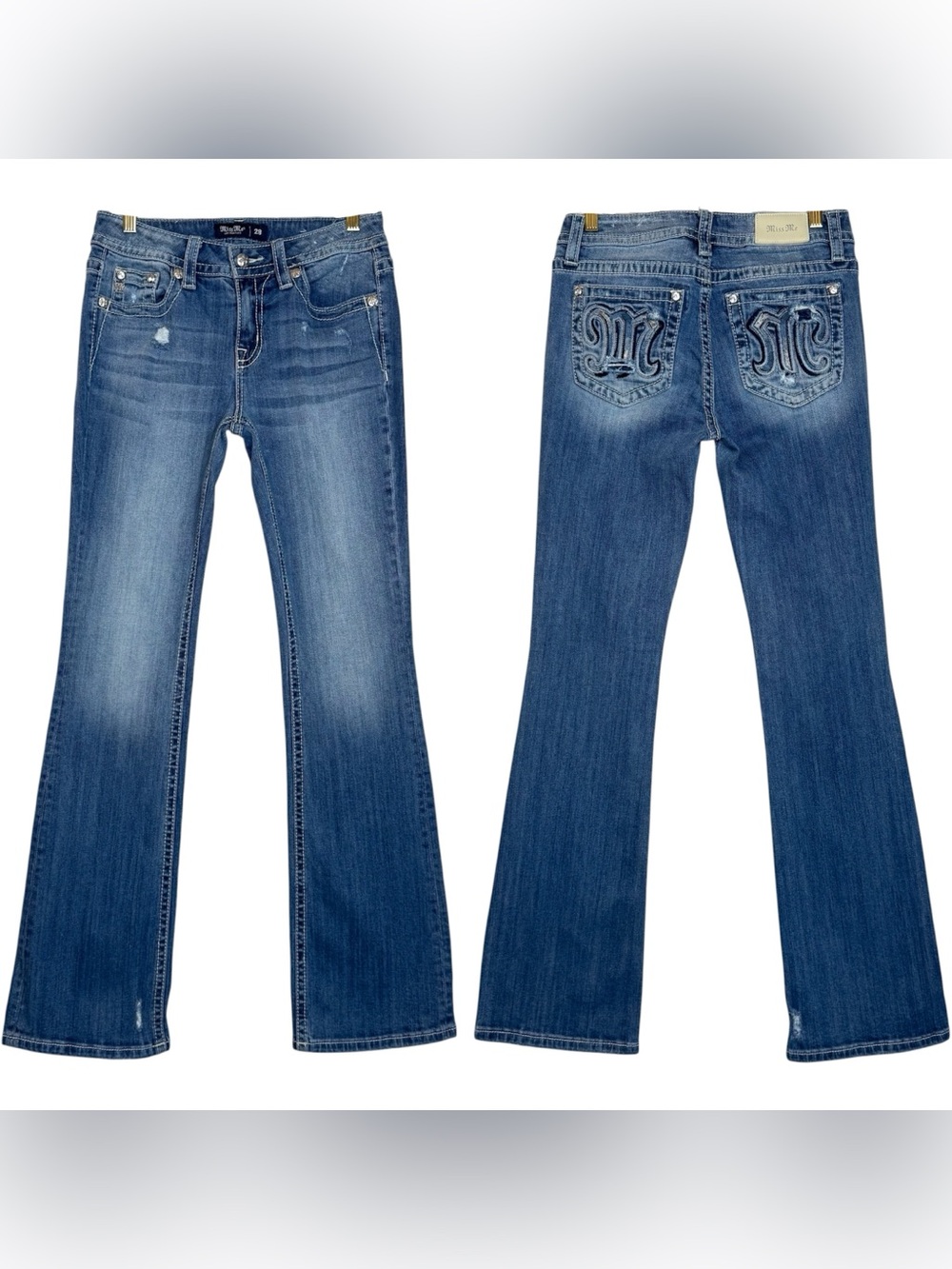 Miss Me Size 28 Mid-Rise Boot Distressed Decorative Pocket Contrast Stitch Jeans